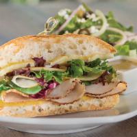 Oven-Roasted Turkey and Brie Half Sandwich Lunch Duo · With shaved Granny Smith apple, baby greens and housemade honey-mustard. Served with choice ...