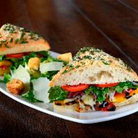 Grilled Veggie Half Sandwich Lunch Duo · Grilled bell peppers, cremini mushrooms, and melted cheese with baby greens, tomatoes, and h...