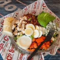 Cobb Salad · Chopped romaine and spring mix, cherry tomatoes, crisp bacon, sliced hard-boiled egg, avocad...
