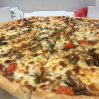 BBQ Chicken Pizza · BBQ sauce, garlic, onions, green and red pepper, mushrooms, chicken and gourmet cheese.