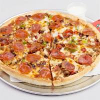 Supreme Deluxe Pizza · Ham, onions, green and red peppers, mushrooms, sausage, pepperoni and gourmet cheese.