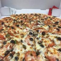 Greek Deli Pizza · Ground beef, onions, green peppers, tomatoes, black olive, feta and gourmet cheese.