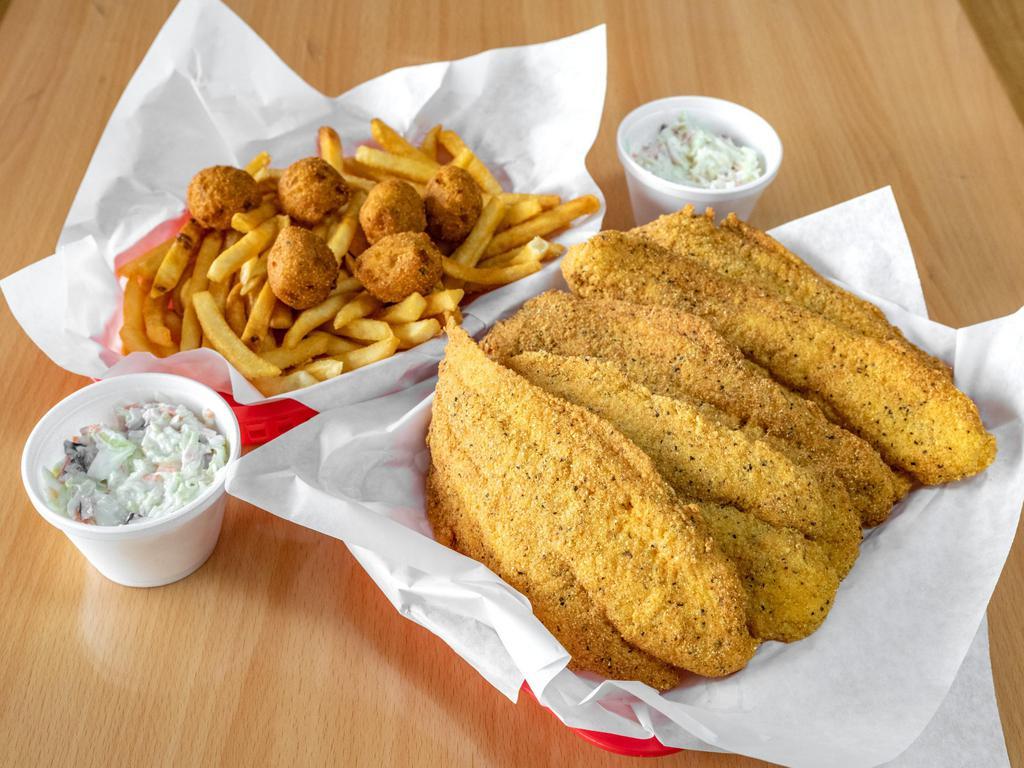 #8. Six Fillets Family Basket · 6 fillets, family fries, family coleslaw and 6 hush puppies.