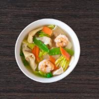 Wor Wonton Soup · Juicy pork wontons, jumbo shrimp, chicken, carrots, water chestnuts, napa cabbage, and snow ...