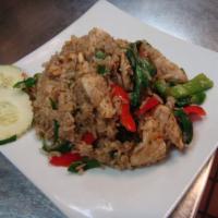 43. Basil Fried Rice  · Sauteed with fresh basil leaves, bell peppers and fresh chili peppers. Hot and spicy.