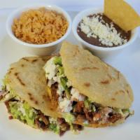 PLT: 2 Gorditas, Rice ＆ Beans · 2 Home made Gorditas,  rice and your choice of beans. 