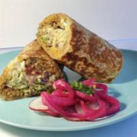 Chicken Fajita Burrito · Chicken, red and green bell pepper, rice, beans, onion, tomato, cilantro, cabbage, cheese, a...