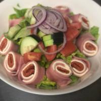 Antipasto Salad · Lettuce, tomatoes, peppers, cucumber, carrots, ham, salami, provolone and olives. 