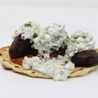 Black Bean Falafel · Tomatoes and Tzatziki on Na'an Bread