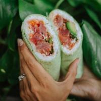 Sushi Burrito · Seasame Tuna, Sticky Rice, Avocado, Picked Veg, Cucumber Wasabi Dressing