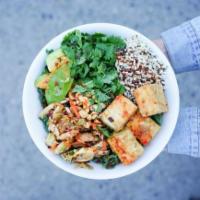 Ban Mi Bowl · Kale and Brussel Sprout Mix, Quinoa, Avocado, Kimchi Brussels, Fried Tofu, Roasted Peanuts, ...
