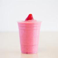 Strawberry Hulk Smoothie · Apple juice, strawberries, pineapple, coconut, banana, non-fat frozen yogurt and ice.