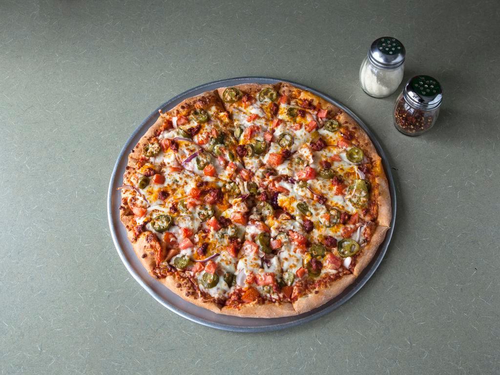 Mexican Pizza · Onion, tomato, chorizo, jalapeno.