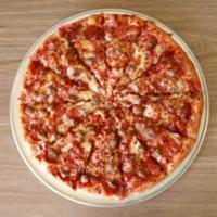Meat Lovers Pizza · Ham, pepperoni, sausage, bacon, chorizo.