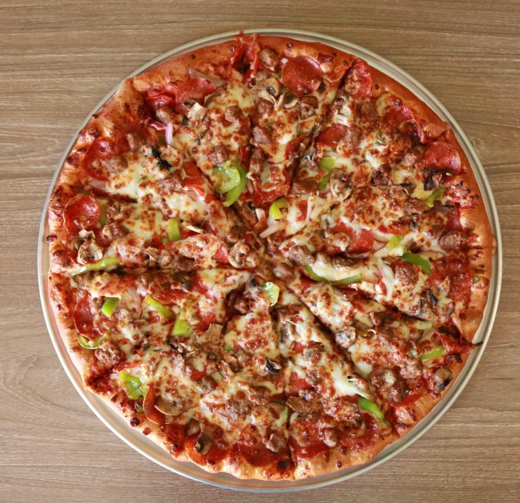 Deluxe Pizza · Onion, green pepper, pepperoni, sausage, mushroom.