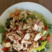 Chicken Salad · Chicken breast strips , romaine lettuce, green peppers, tomatoes, onions, mushrooms, black o...