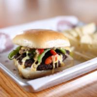 South Philly Burger · 6 oz. USDA burger, grilled onions, grilled mushrooms, grilled bell peppers and side of house...
