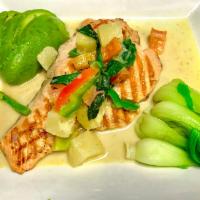 Green Curry Avocado Salmon · Pan seared salmon in green curry sauce with sliced avocado, pineapple, bok choy and cherry t...
