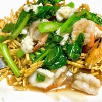 Seafood Crispy Noodles · Crispy egg noodles in gravy sauce with shrimp, calamari, mussels and Chinese broccoli.
