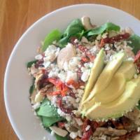 Spinach Salad · Topped with mushroom, red onion, sun-dried tomato, feta cheese and avocado.