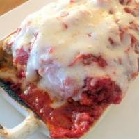 Meat Lasagna · 3 layers of meat (no sausage), tomato sauce, ricotta, Parmesan and mozzarella cheese and Ita...