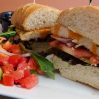 Buffalo Ranch Sandwich · Tender chicken breast smothered in Frank's Hot Buffalo sauce, lettuce, tomato, red onions, m...
