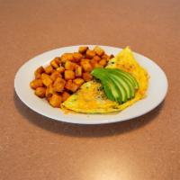 Avocado, Bacon and Spinach Omelette Breakfast · Avocado, bacon, spinach and Jack and cheddar cheese.