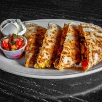 Chicken Quesadilla  · Cheddar cheese, jalapeno, black olives, and tomatoes. Served with pico de gallo and sour cre...