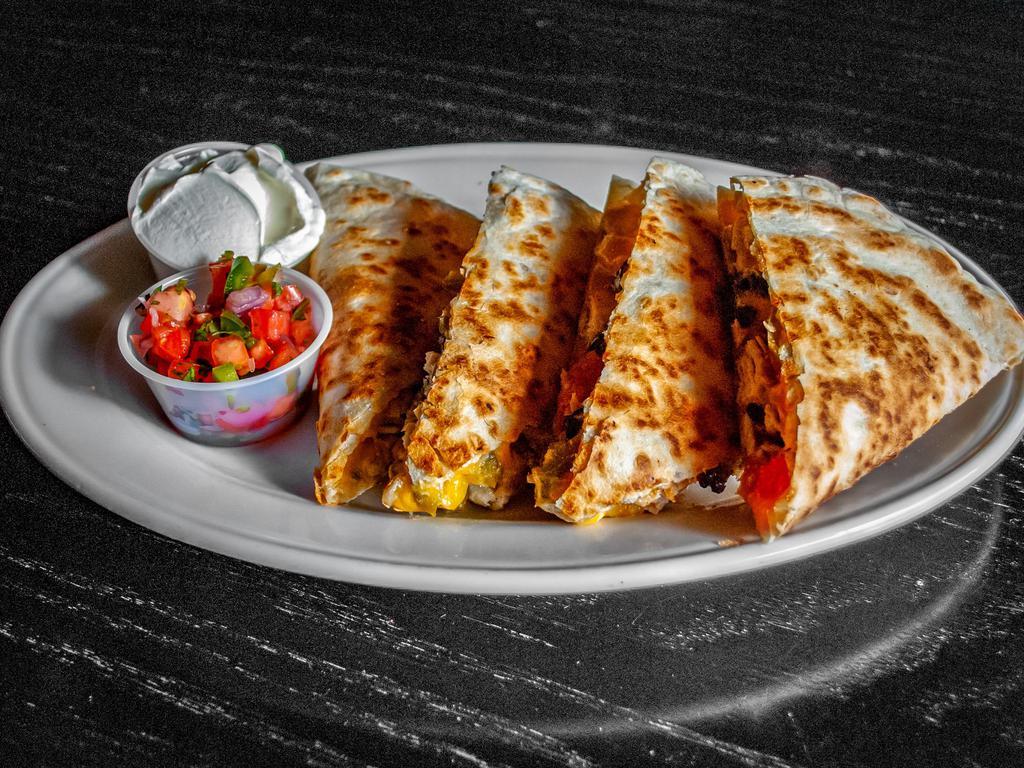 Chicken Quesadilla  · Cheddar cheese, jalapeno, black olives, and tomatoes. Served with pico de gallo and sour cream on the side.