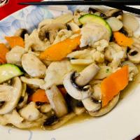 Mushroom Chicken · Gluten Free. White meat chicken, mushroom, zucchini, bamboo shoots, water chestnuts, carrots...