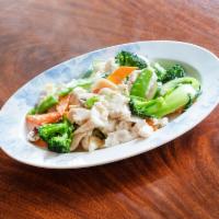 Vegetable Chicken · Gluten Free. White meat chicken and mixed vegetables in white sauce.