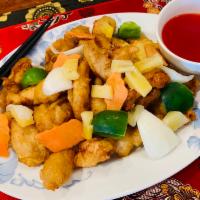 Sweet & Sour Chicken · Crispy white meat chicken, green pepper, onion, and pineapple in sweet and sour sauce.