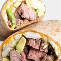 LR Steak Burrito · Certified Angus beef steak, four egg whites, avocado, low-fat Cheddar cheese, served with Pr...