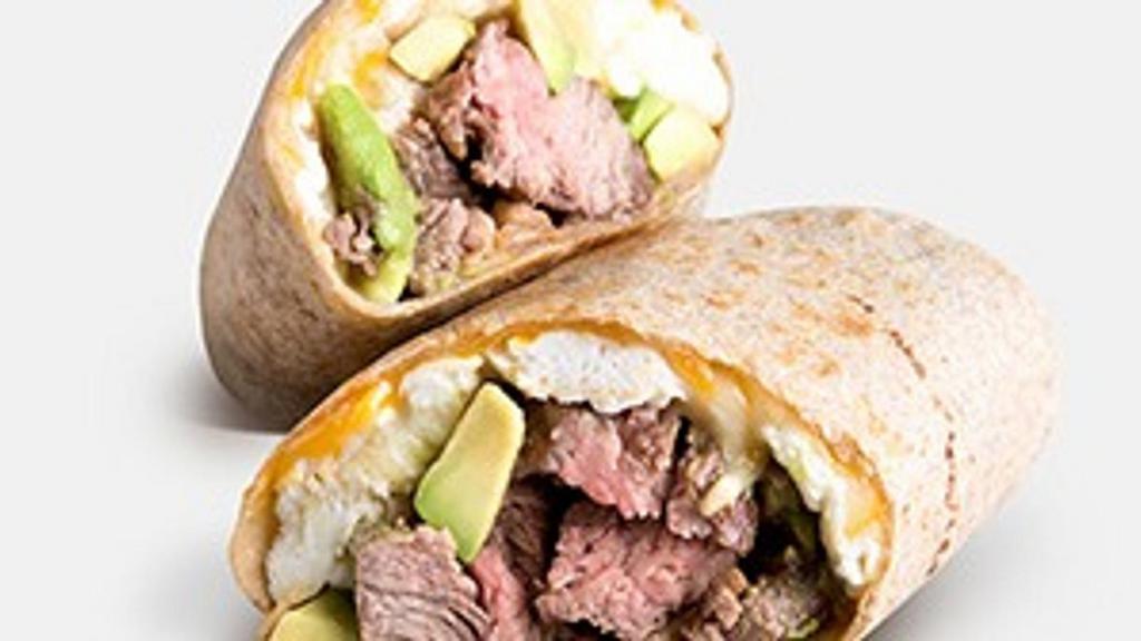 LR Steak Burrito · Certified Angus beef steak, four egg whites, avocado, low-fat Cheddar cheese, served with ProteinHouse house-made salsa and side of fruit.