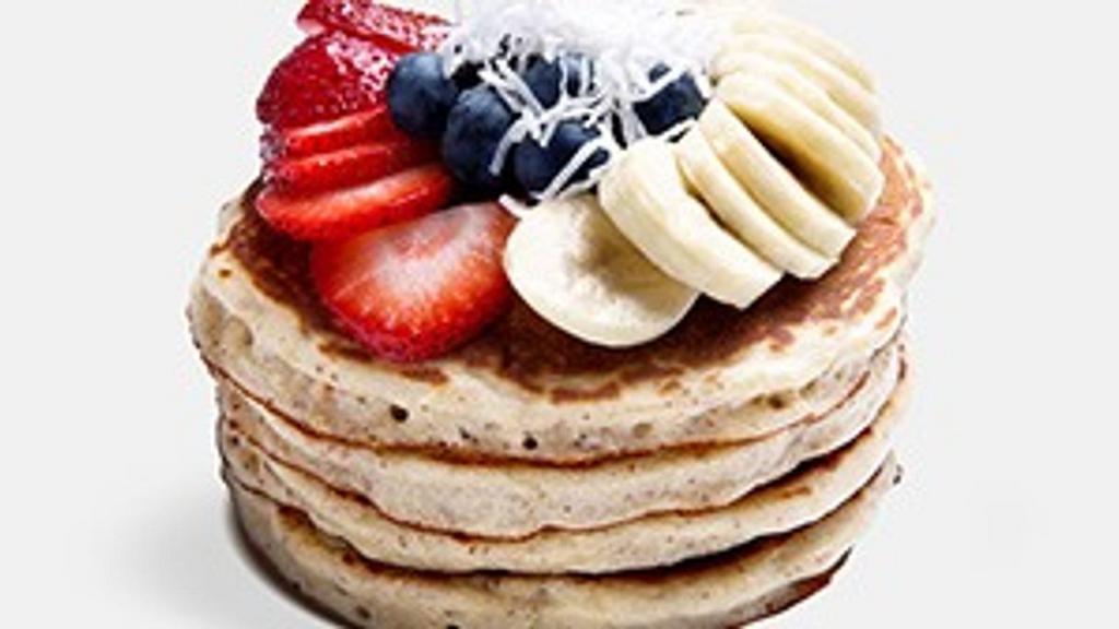 PH Loaded Pancakes · Non-GMO whole grain whey protein pancakes with your choice of fruit: bananas, coconut, blueberries, strawberries or all together!