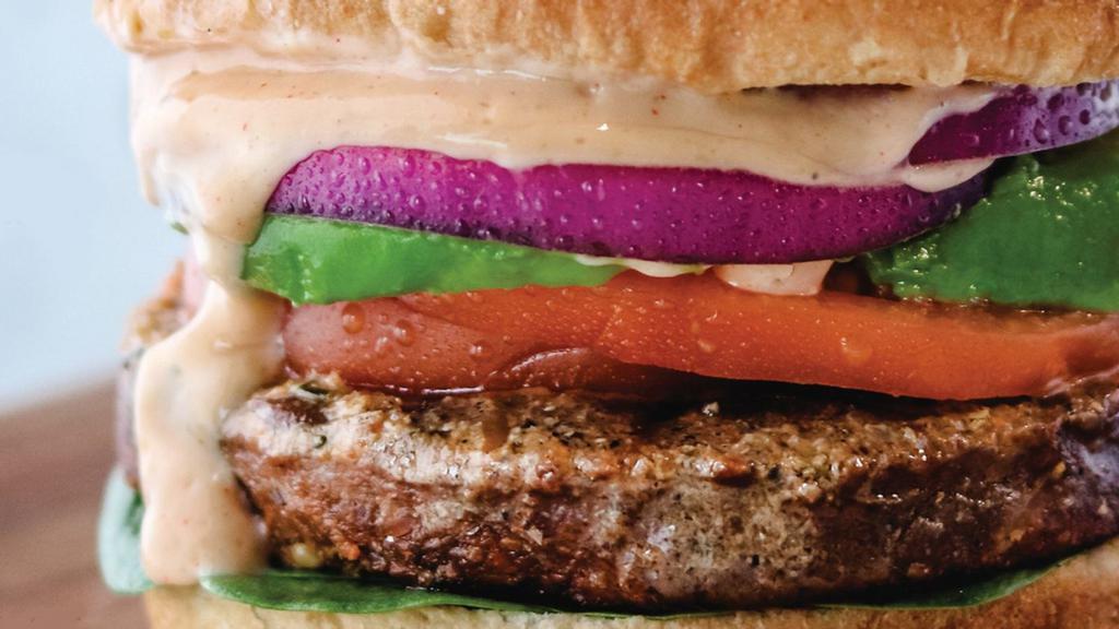 PH Vegan Burger · Organic, non-GMO vegan patty -or- impossible patty, spinach, tomato, avocado, red onion, and house-made vegan Thousand Island dressing.