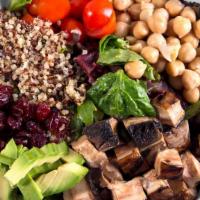 Vegan Mixed Salad · Grilled portobello mushroom, quinoa, spring mix, spinach, cherry tomatoes, chickpeas, cranbe...