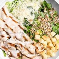 Chicken Caesar · Grilled hormone-free, cage-free chicken, Romaine lettuce, Parmesan cheese, sunflower seeds, ...