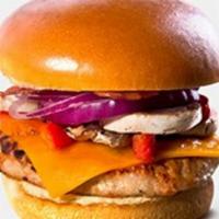 BBQ Turkey · Hormone-free turkey burger, turkey bacon, low-fat Cheddar, red peppers, red onions, mushroom...