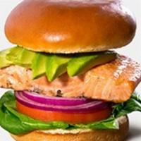 Salmon Burger · Sustainable salmon, spinach, red onions, tomatoes, avocado, with ProteinHouse house-made aga...