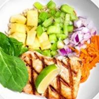 Teriyaki Bowl · Grilled sustainable salmon, pineapple, celery, red onions, spinach, carrots and ProteinHouse...