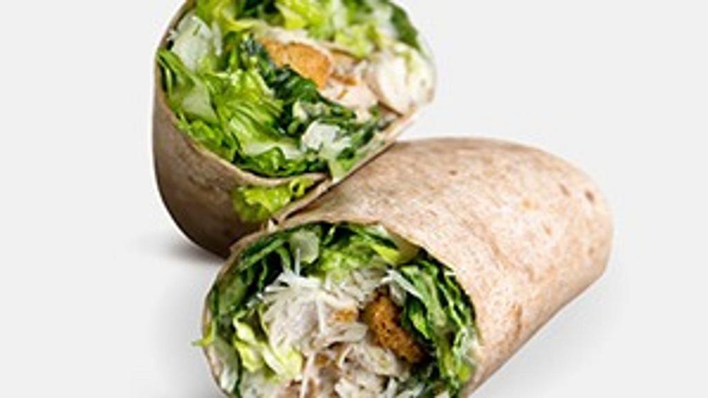 Chicken Caesar Wrap · Grilled hormone-free, cage-free chicken, romaine lettuce, Parmesan cheese, sunflower seeds, croutons and light Caesar dressing.