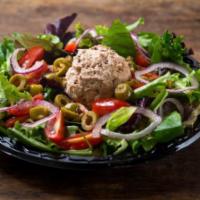 Tuna Salad · Baby arugula, tuna, red onions, organic cherry tomatoes, green olives, extra virgin olive oi...