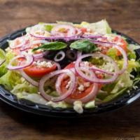 Greek Salad · Slices of tomatoes, red onions, feta cheese, black Greek olives, oregano and extra virgin ol...