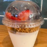 Yogurt & Granola Parfait · 4 Birds Bakery Ginger Blend granola (GF/V), organic vanilla yogurt and fresh berries in a co...