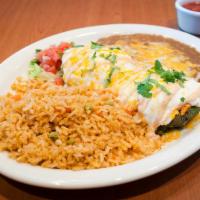 Chiles Rellenos · A poblano pepper stuffed with your choice of ground beef, shredded beef, shredded beef or ch...