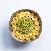 Green Bowl · Graviola*, Almond Milk, Dates, Spirulina, Spinach, Kale, Strawberries and Bananas. Topped with Organic Granola, Bananas, Kiwi, Hemp Seeds, Honey
*Graviola is not recommended for pregnant women.