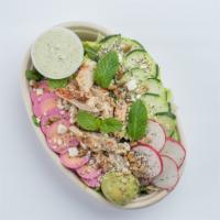 Super Green Godess Salad · Super Greens, Chicken, Pickled Egg, Avocado, Radish, Cucumber, Green Goddess Dressing, Feta ...