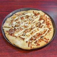Bierfest Pizza · Shredded mozzarella, sliced sausage, caramelized onion, white cheddar cheese curds, and a ho...