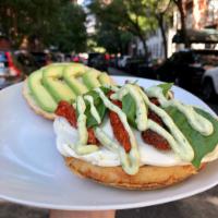 #M2. Fresh Mozzarella · Fresh mozzarella, avocado, sun-dried tomato, basil, herb mayo on focaccia.